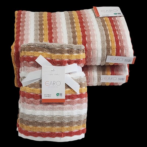 Caro Home 4pc Autumnal Multicolor Striped Cotton Towel Set 2 Bath 2 Hand - Picture 1 of 11
